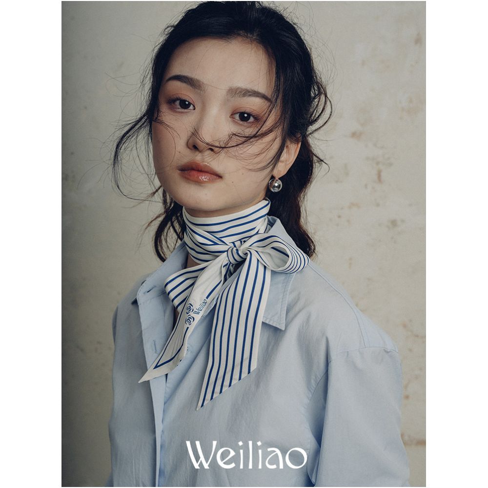 Weiliao Original Basic Camellia Striped Long Ribbon Silk Crepe Double Layer Minimalist Black White and Blue image 0