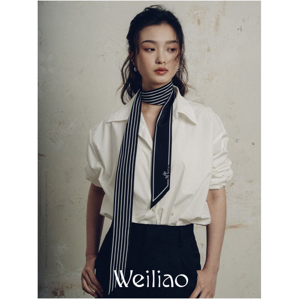 Weiliao Original Basic Camellia Striped Long Ribbon Silk Crepe Double Layer Minimalist Black White and Blue image 1