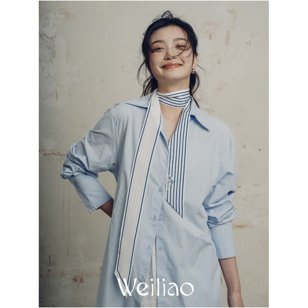 Weiliao Original Basic Camellia Striped Long Ribbon Silk Crepe Double Layer Minimalist Black White and Blue image 2