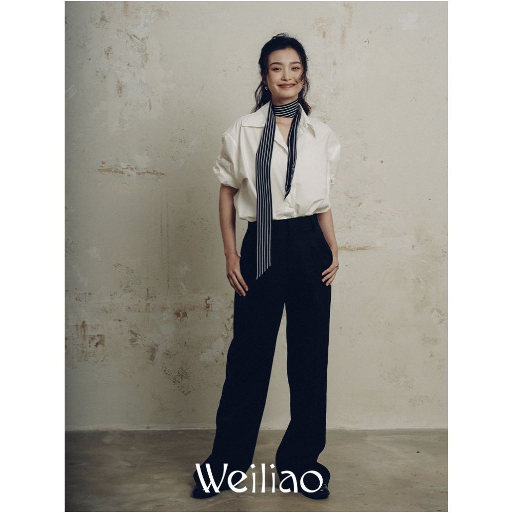 Weiliao Original Basic Camellia Striped Long Ribbon Silk Crepe Double Layer Minimalist Black White and Blue image 3