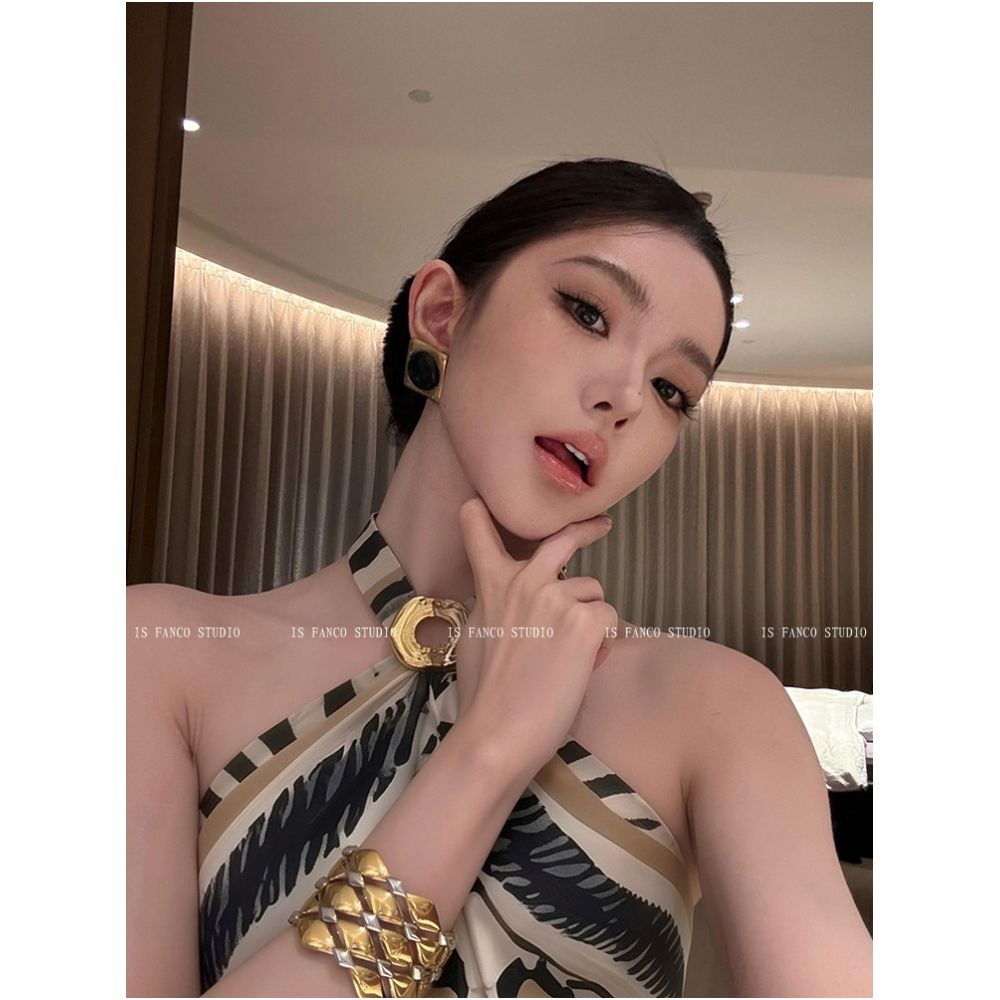 Fanco Black and White Leopard Print Vest for Women New Summer Style Sexy Metallic Halter Neck Slim Fit image 0