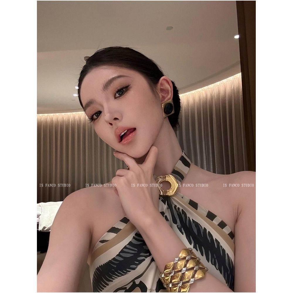 Fanco Black and White Leopard Print Vest for Women New Summer Style Sexy Metallic Halter Neck Slim Fit image 2