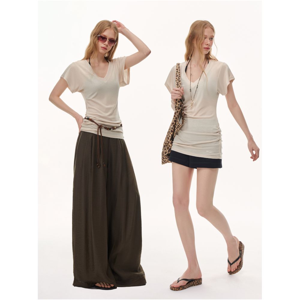 CLIMAX VISION Lyocell Linen Lightweight V Neck Slimming Cover Up T Shirt Short Sleeve Women s Summer Elegant Top image 2