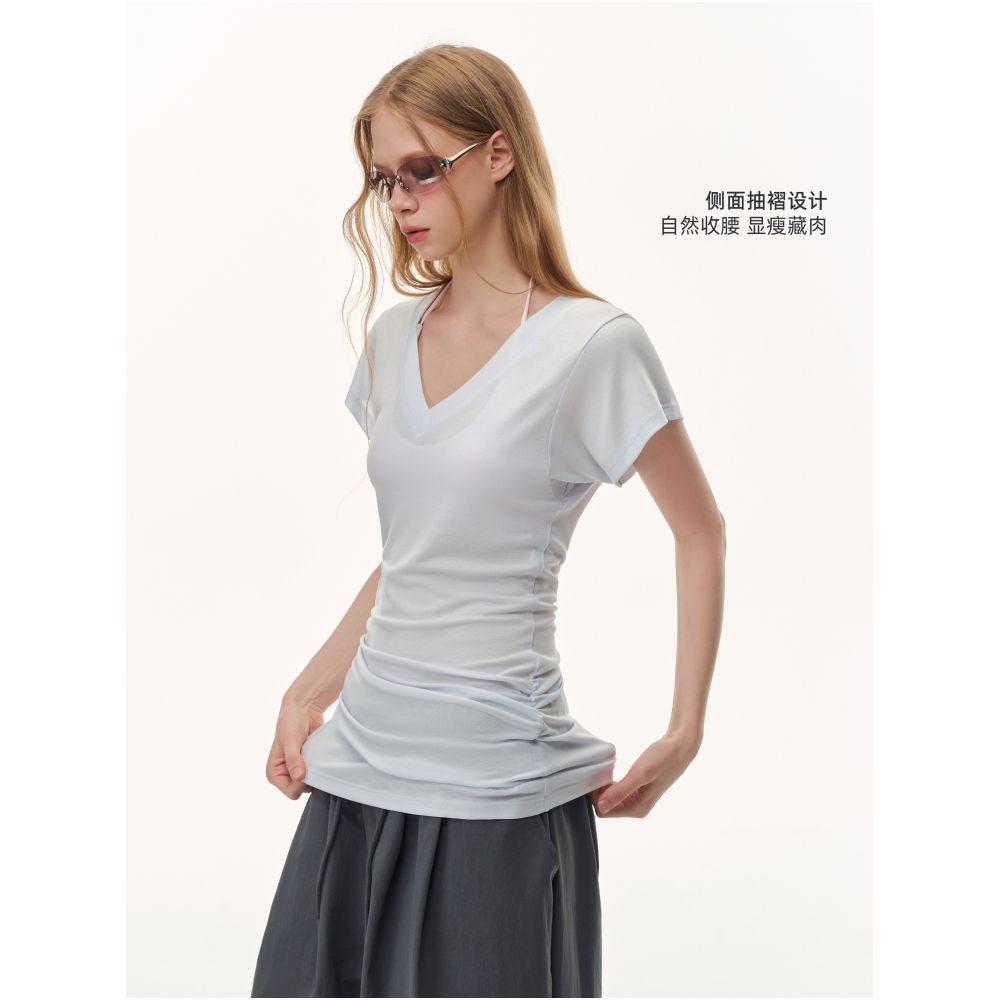 CLIMAX VISION Lyocell Linen Lightweight V Neck Slimming Cover Up T Shirt Short Sleeve Women s Summer Elegant Top image 3