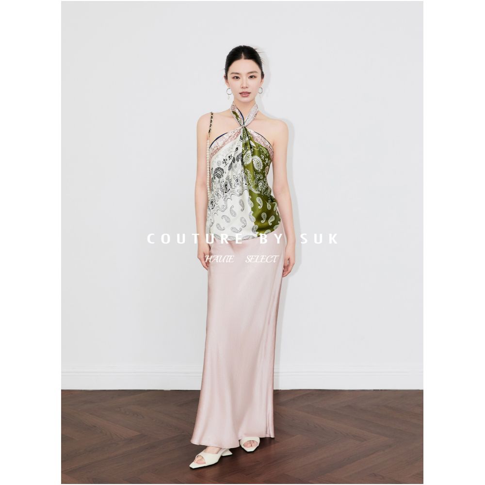SUK s elegant and graceful design 100 pure silk mulberry silk summer printed scarf halter neck vest for women exuding a sophisticated style image 0