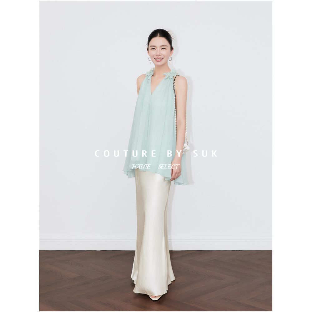 SUK Mint Shimmer French style ruffled V neck loose fitting slimming vest for women unique and beautiful halter neck top image 1