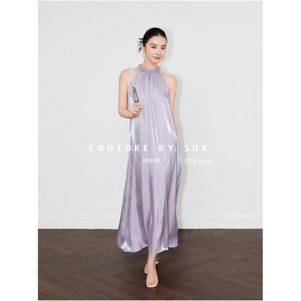 SUK Exquisitely Crafted Summer Handmade Floral Collar Heavy Duty Flowing Light Long Dress French Halter Neck Long Dress for Women image 0