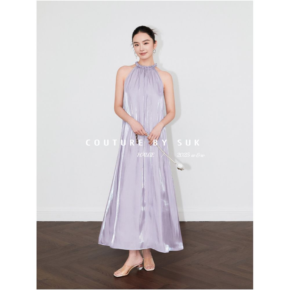 SUK Exquisitely Crafted Summer Handmade Floral Collar Heavy Duty Flowing Light Long Dress French Halter Neck Long Dress for Women image 1