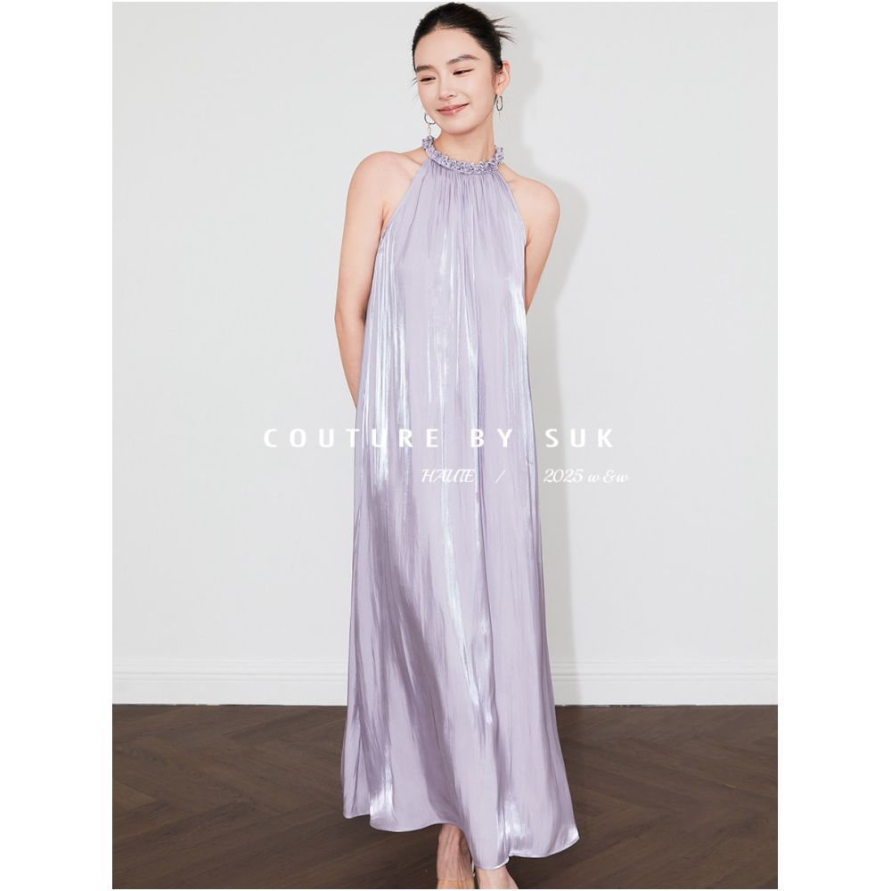SUK Exquisitely Crafted Summer Handmade Floral Collar Heavy Duty Flowing Light Long Dress French Halter Neck Long Dress for Women image 2