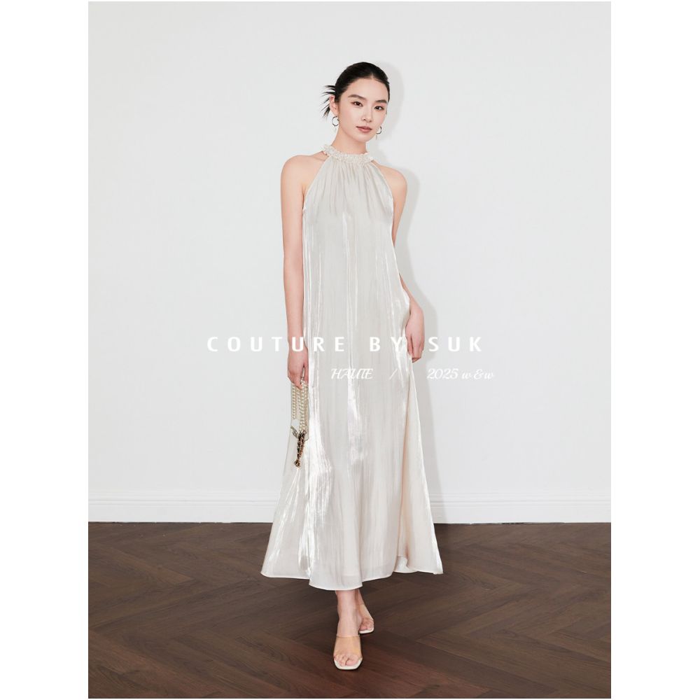 SUK Exquisitely Crafted Summer Handmade Floral Collar Heavy Duty Flowing Light Long Dress French Halter Neck Long Dress for Women image 3