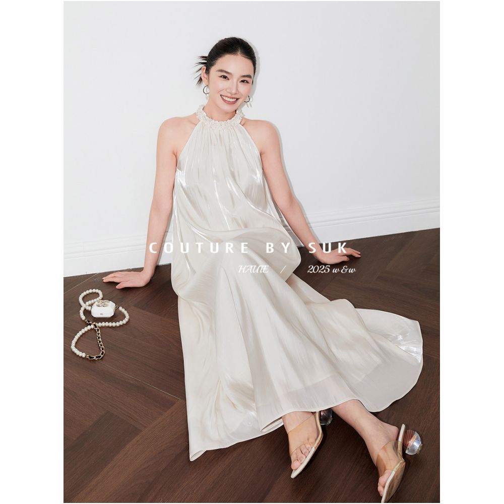 SUK Exquisitely Crafted Summer Handmade Floral Collar Heavy Duty Flowing Light Long Dress French Halter Neck Long Dress for Women image 4