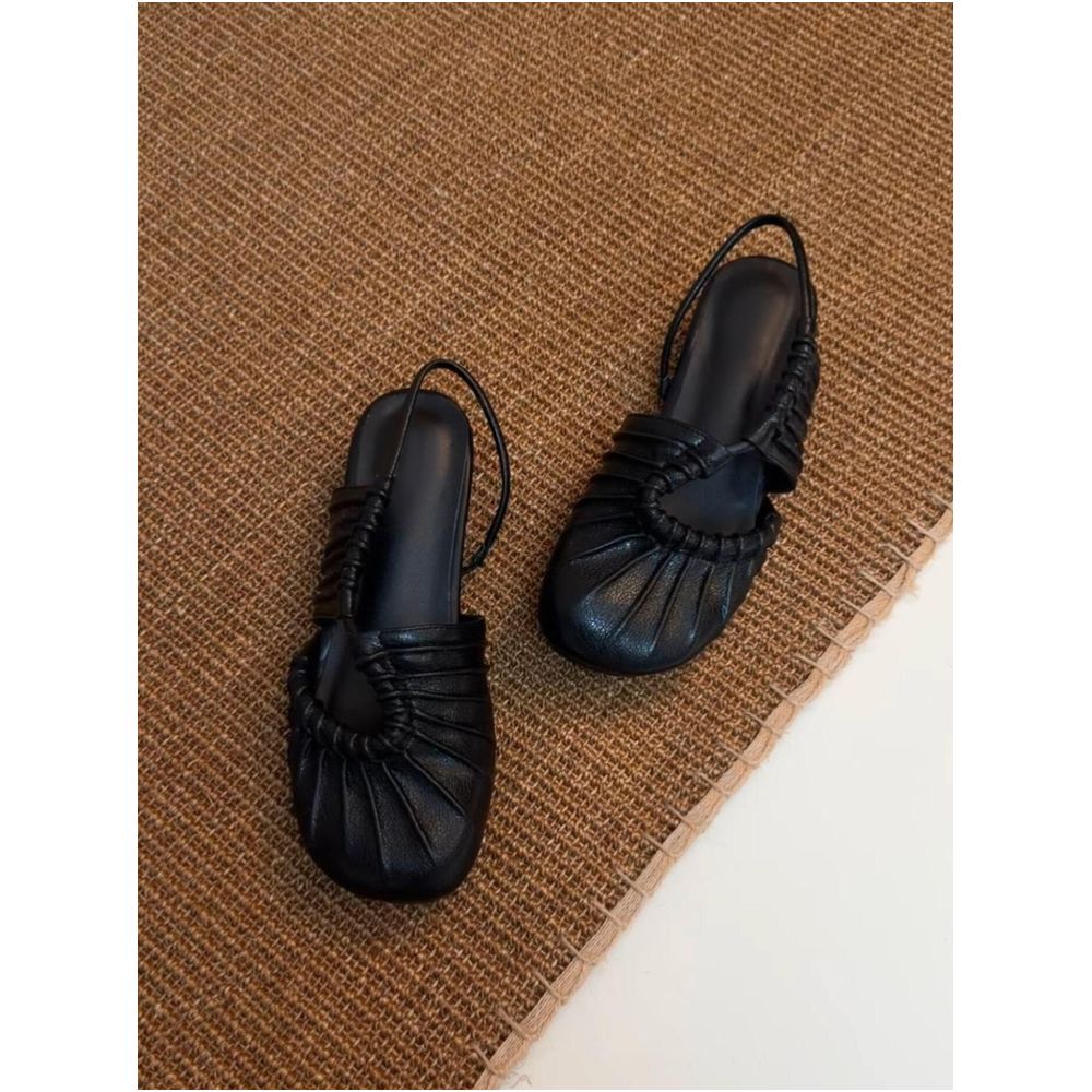 Sheepskin version French retro genuine leather pleated closed toe sandals for women casual comfortable hollowed out texture suitable for outdoor wear and commuting image 0