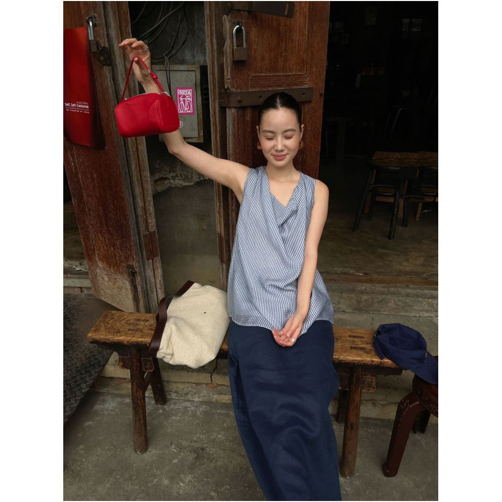 ASAYA7371 – Blue Gingham Draped Blouse 💙🤍