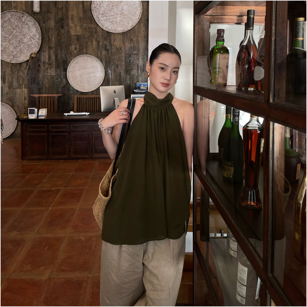 ASAYA7372 – Olive Grace Halter Blouse 🌿🤎