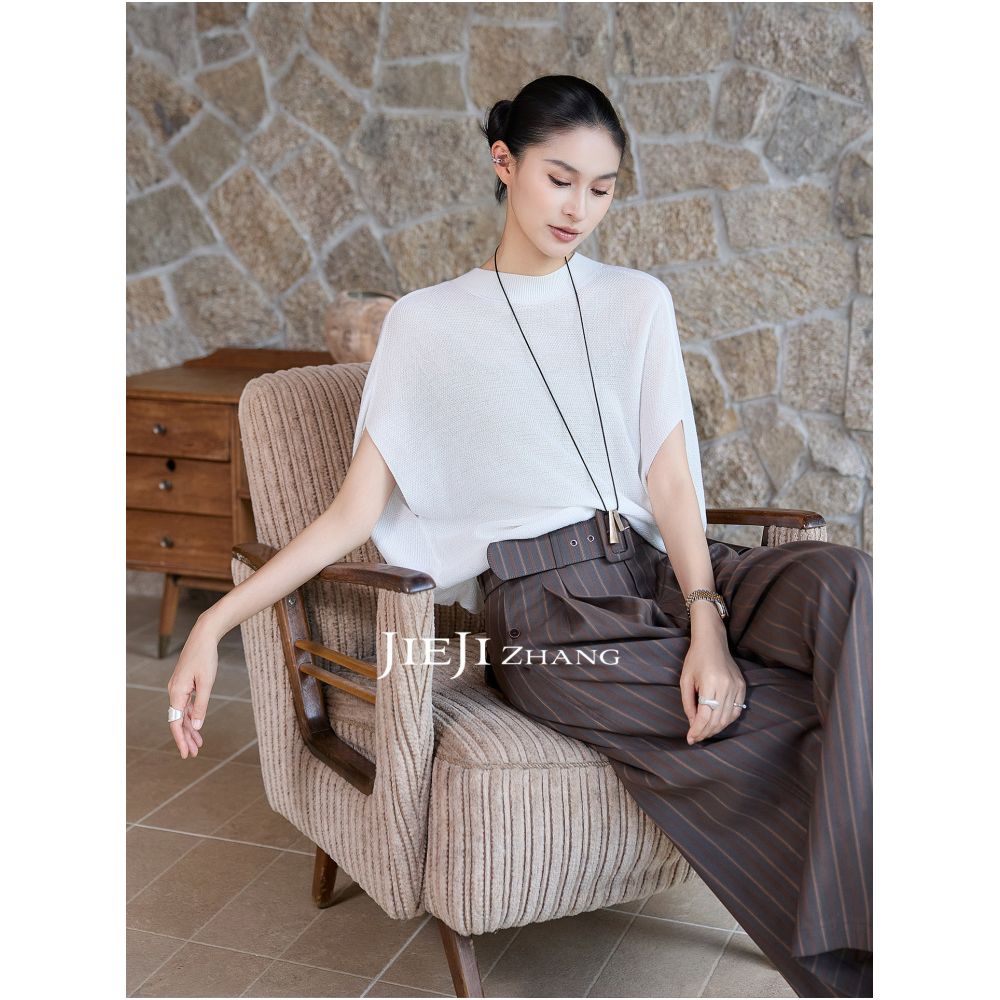 Zhang Qi JIEJI Cape style Short sleeved Top Round Neck Batwing Sweater Women s Summer Loose Short sleeved Thin T shirt image 1