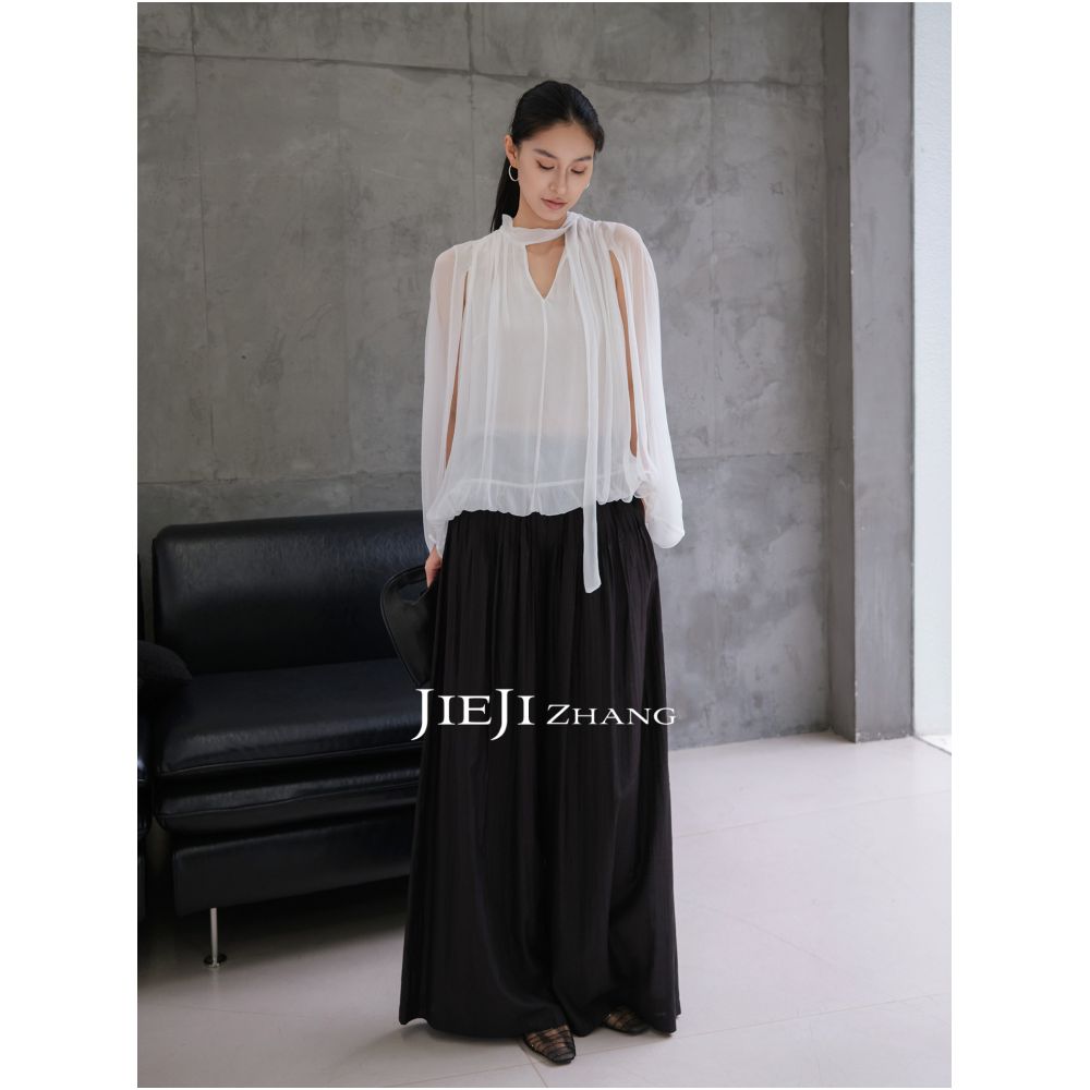 Zhang Qi JIEJI Women s Wide Leg Casual Skirt Pants Autumn High Waisted Loose Fitting Pleated Long Pants Elastic Waist Cloud Pants image 4