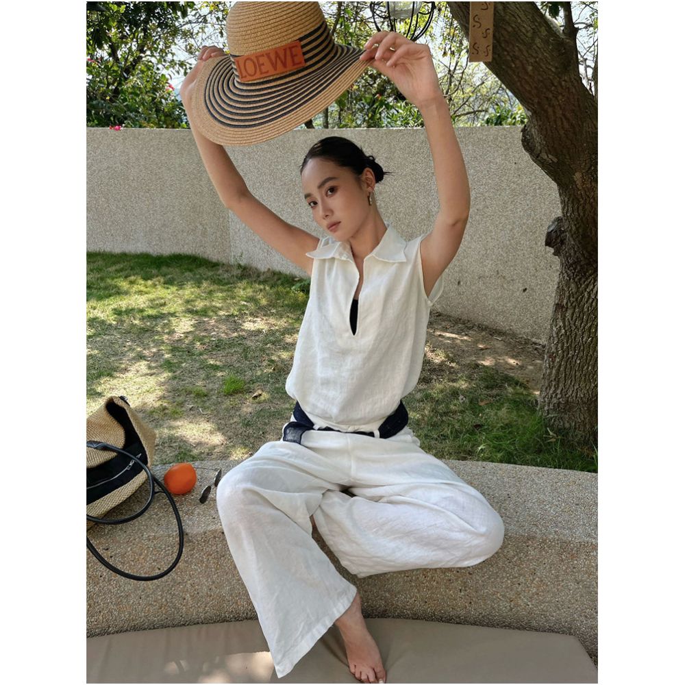PURITYYH Niche Minimalist White Elegant Casual Linen Pants Wide Leg Versatile High Waist Straight Leg Women s Pants image 4