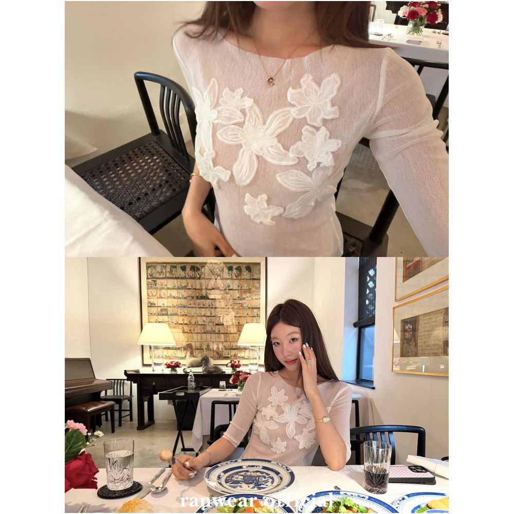 Ranwear s Whispers Among Flowers French style heavy duty three dimensional embroidered floral top with a slightly sheer texture and loose fashionable mid length sleeves image 0
