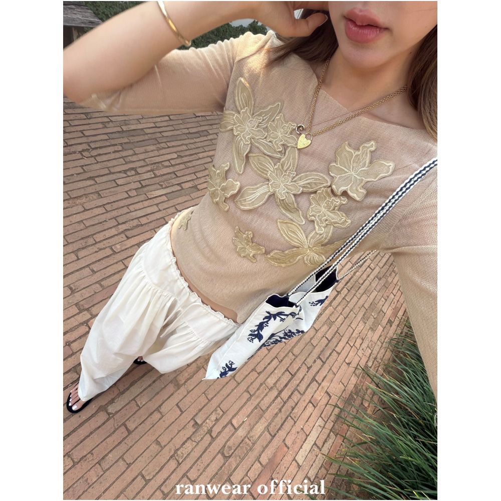Ranwear s Whispers Among Flowers French style heavy duty three dimensional embroidered floral top with a slightly sheer texture and loose fashionable mid length sleeves image 1