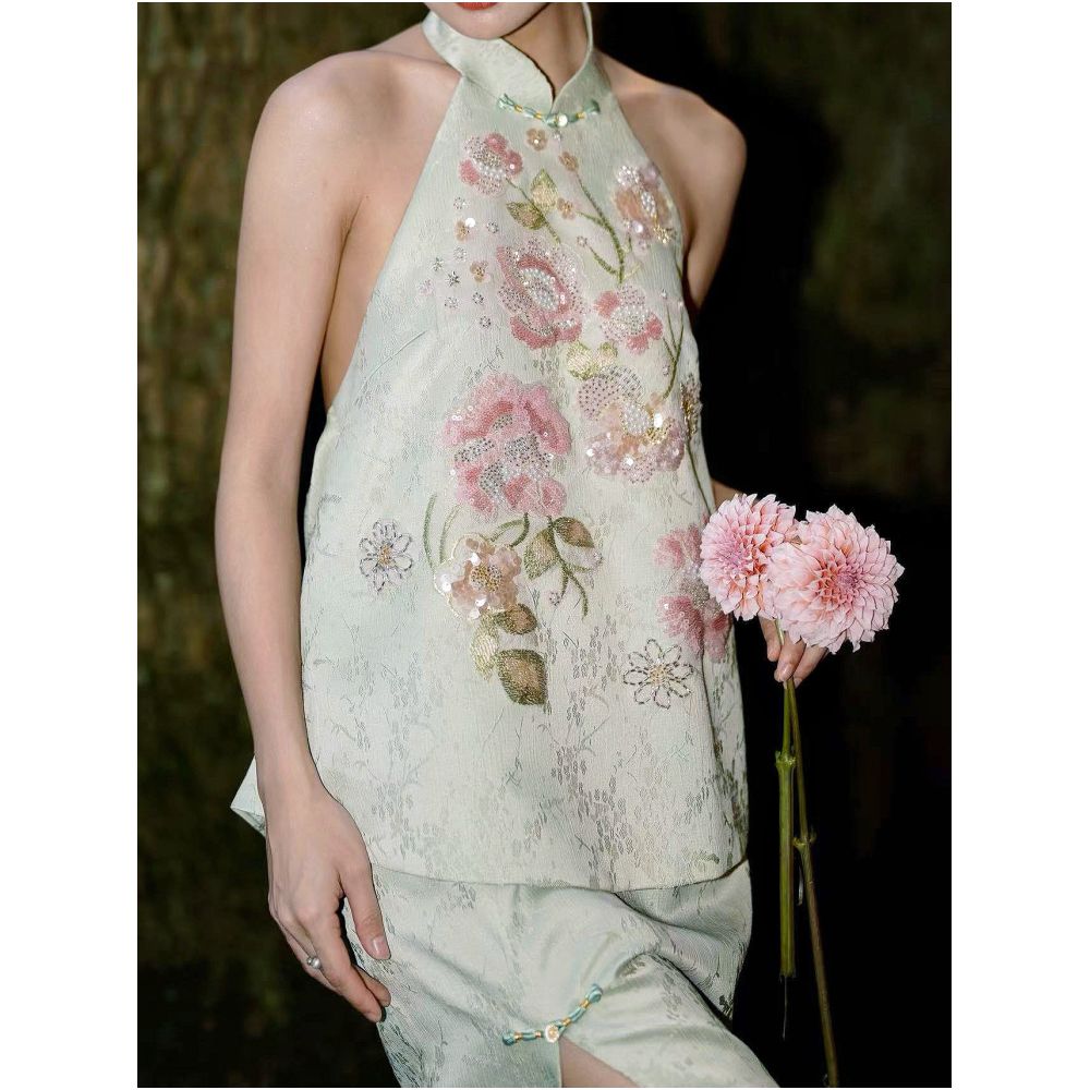 Mint green morning robe bridal gown engagement dress wedding certificate registration dress toasting dress 2026 new Chinese style dress cheongsam set image 4