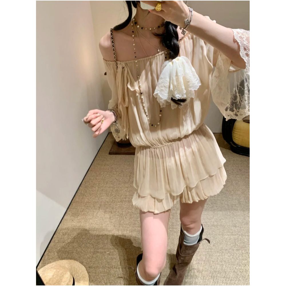 WINNI CELH26 Summer Silk Lace Off Shoulder Aloved Short Sleeve Top Shorts and Skirt Set image 0