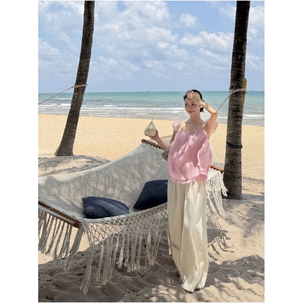 WINNI CELH26 Summer Silk French Camisole Pink Off the Shoulder Short Sleeve Top with Lace Trim A Line Loose Fit image 3