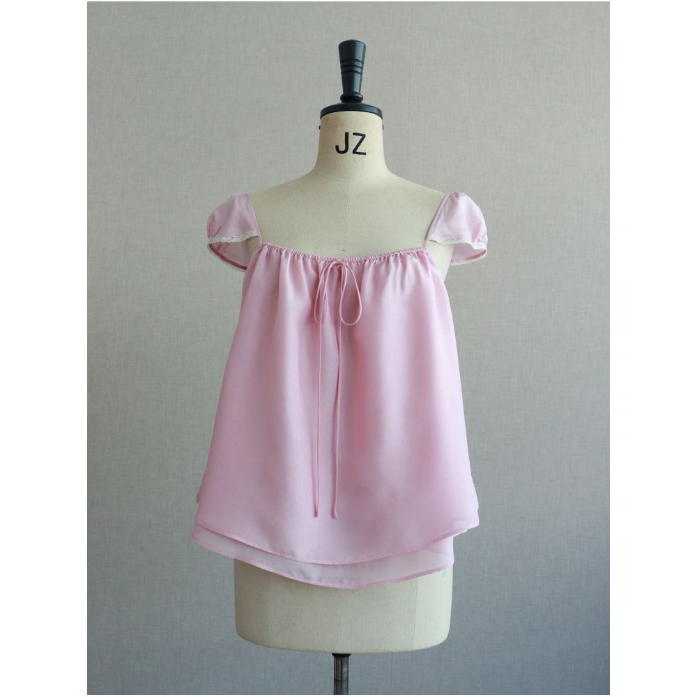 WINNI CELH26 Summer Silk French Camisole Pink Off the Shoulder Short Sleeve Top with Lace Trim A Line Loose Fit image 4