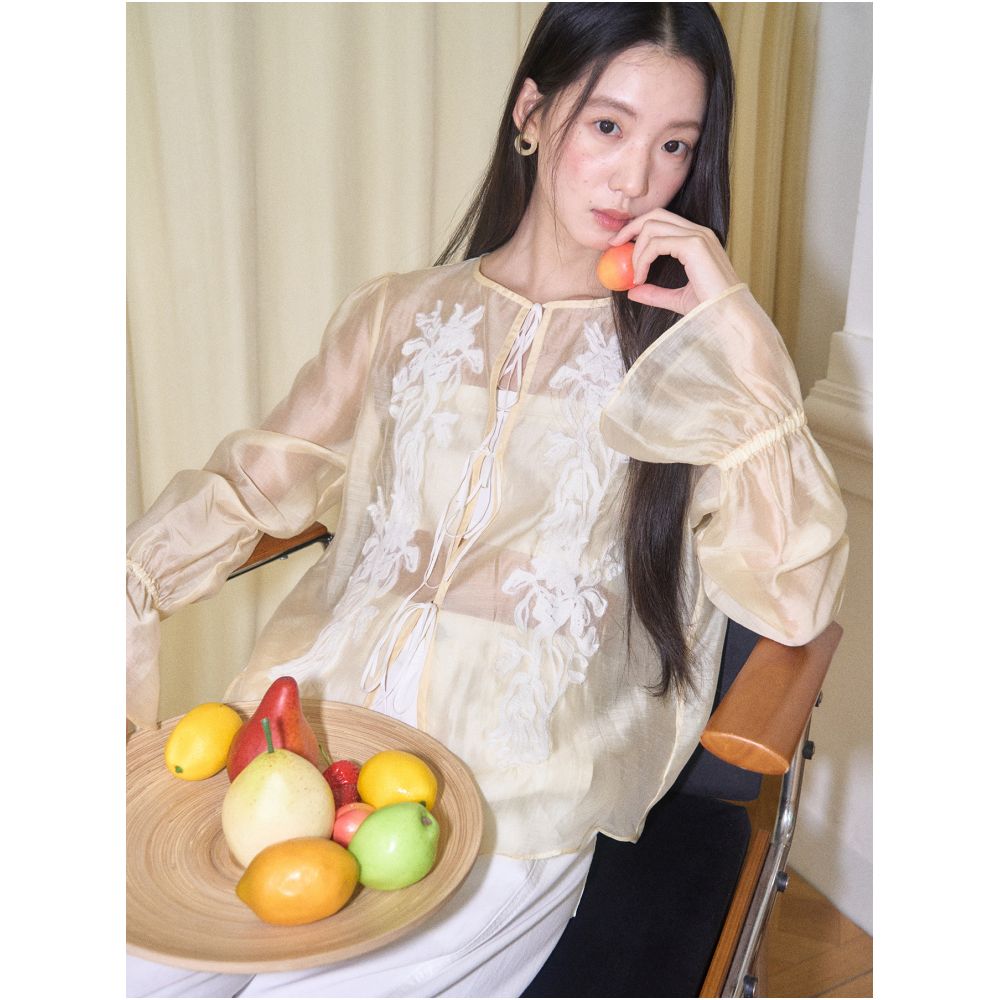 Uare original design summer embroidered vine light and sheer Tencel linen lace appliqu tie up long sleeved shirt image 1