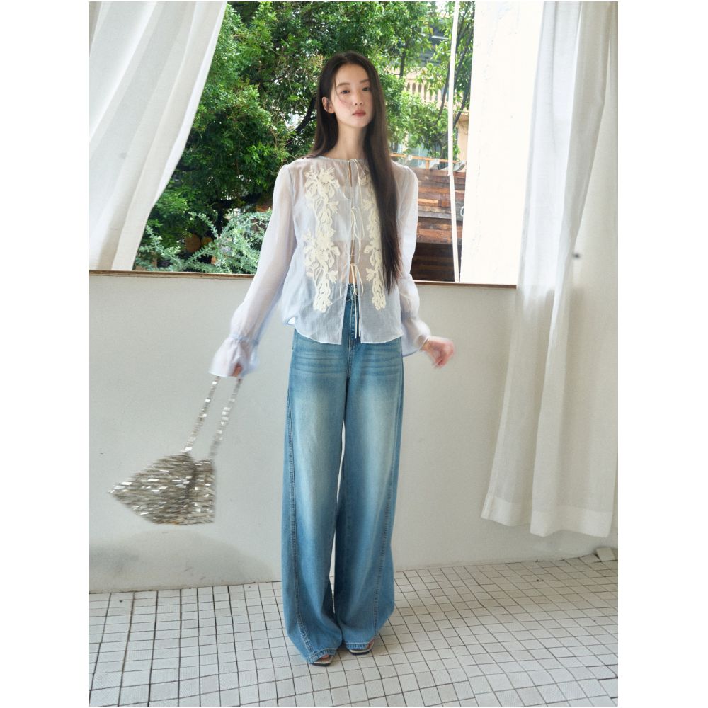 Uare original design summer embroidered vine light and sheer Tencel linen lace appliqu tie up long sleeved shirt image 2
