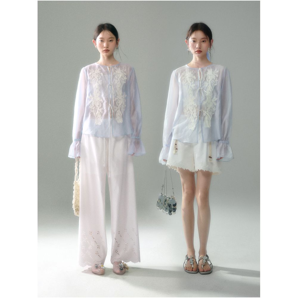Uare original design summer embroidered vine light and sheer Tencel linen lace appliqu tie up long sleeved shirt image 3