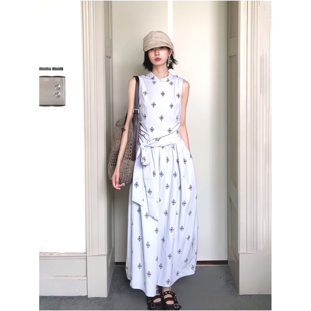 French style sleeveless printed mid waist tie waist A line dress for women slimming and elegant image 0