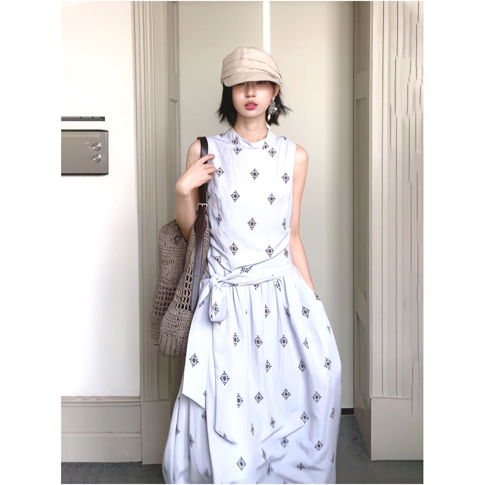 French style sleeveless printed mid waist tie waist A line dress for women slimming and elegant image 1