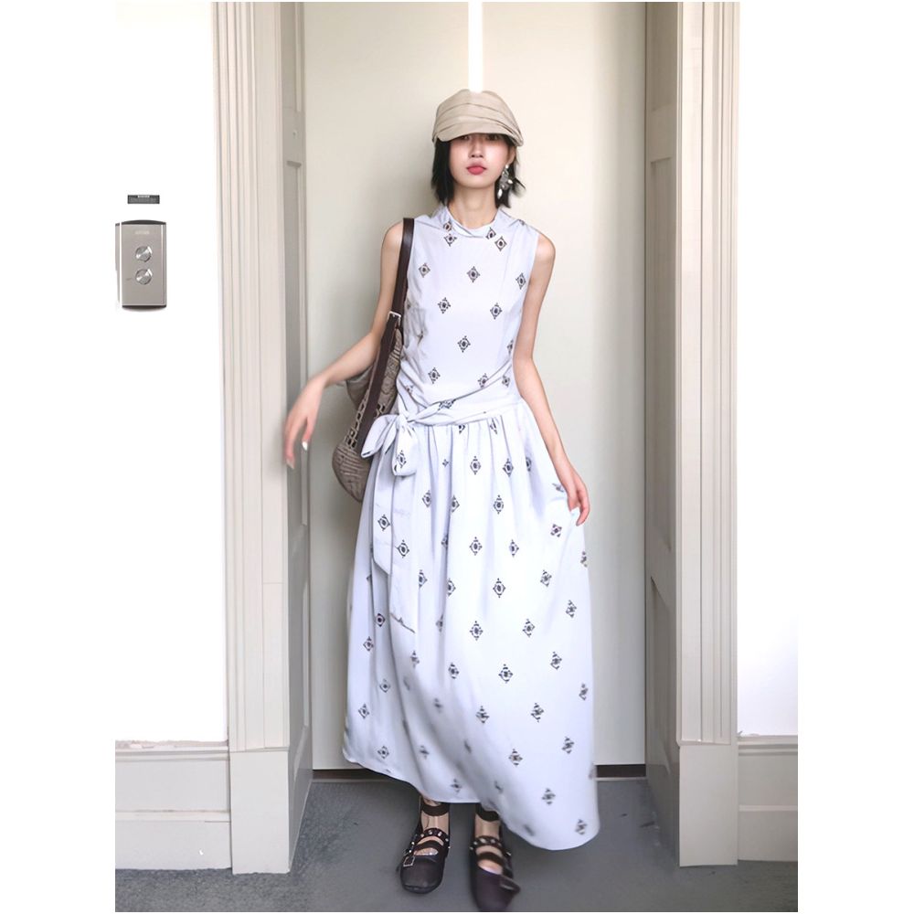 French style sleeveless printed mid waist tie waist A line dress for women slimming and elegant image 3