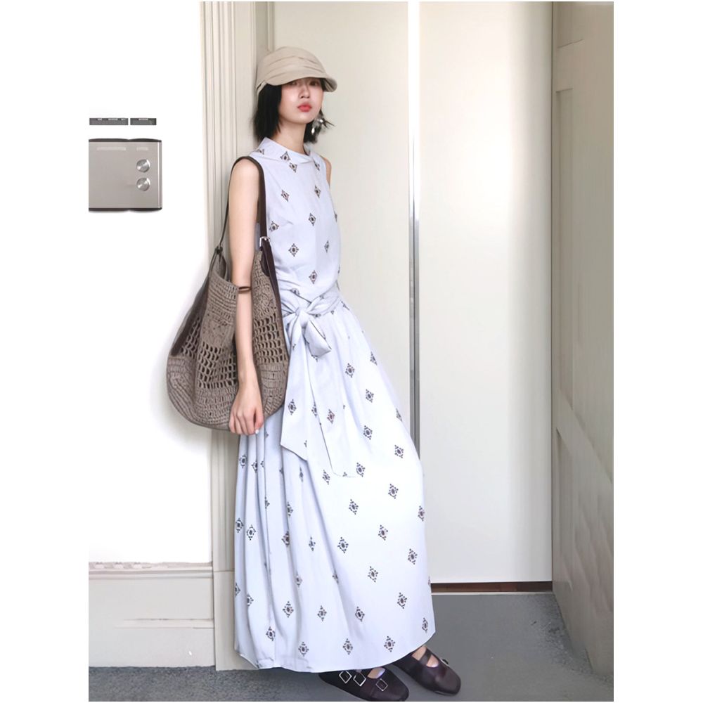 French style sleeveless printed mid waist tie waist A line dress for women slimming and elegant image 4
