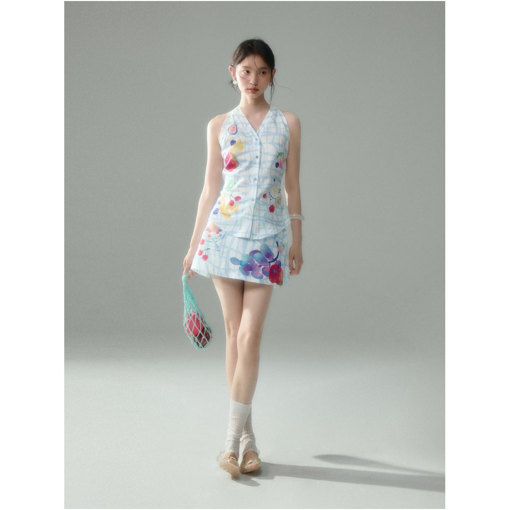 Uare original design a free summer fruit print V neck halter top and skirt set image 1