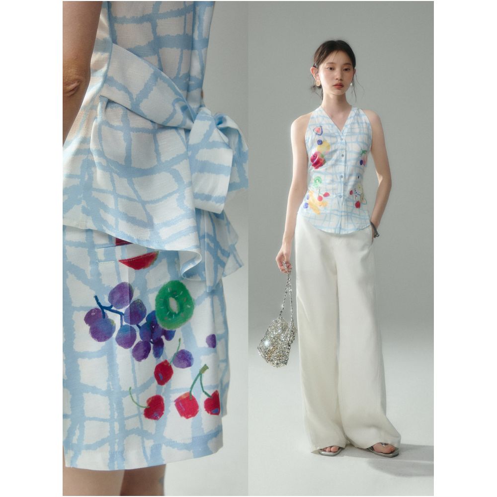 Uare original design a free summer fruit print V neck halter top and skirt set image 2