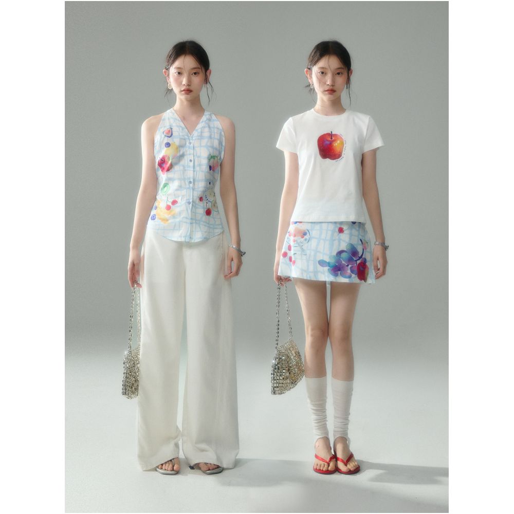 Uare original design a free summer fruit print V neck halter top and skirt set image 3