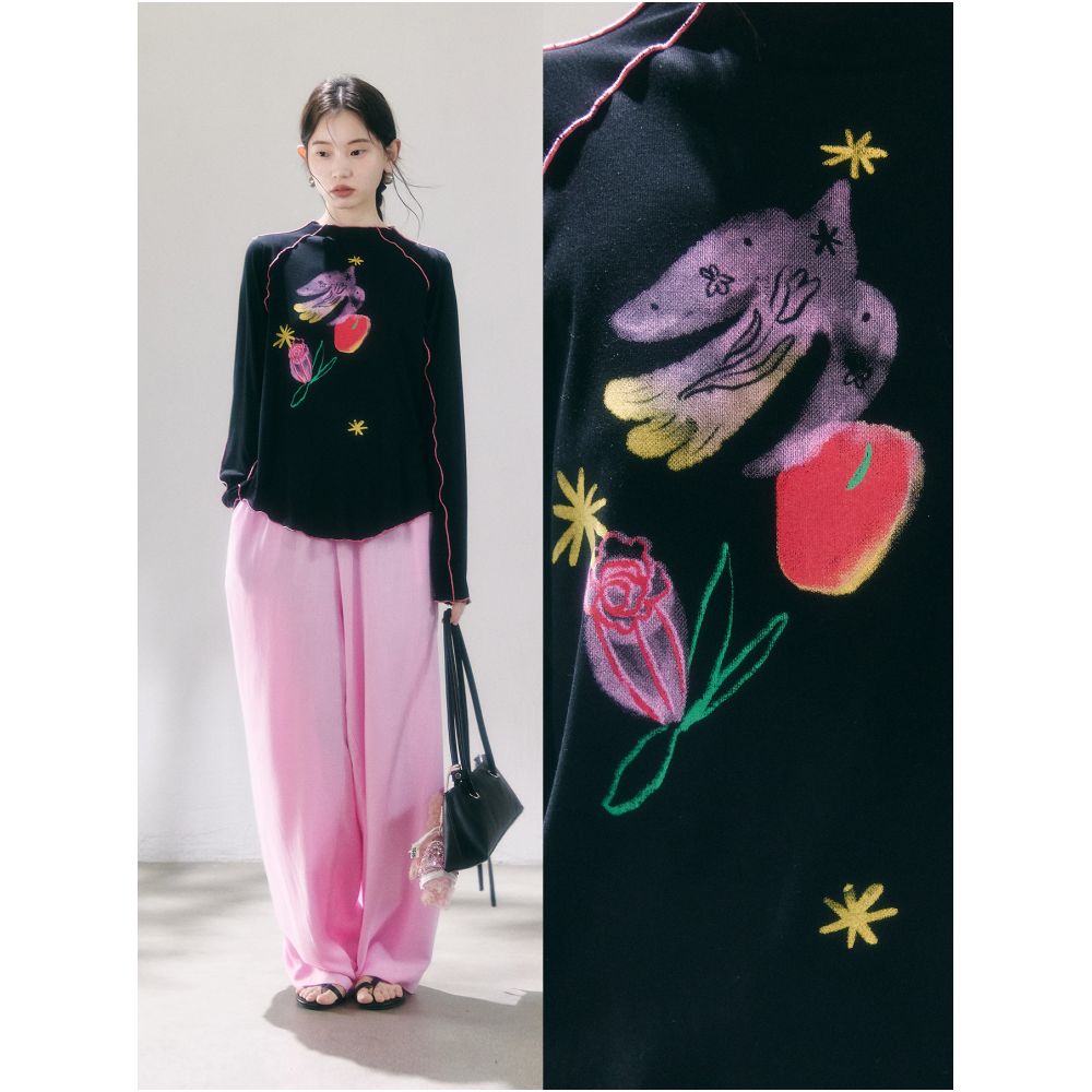 Uare Original Design Tundra Scenery Poem Bird Rose and Apple Print Tencel Long Sleeve Cover Up T Shirt image 2
