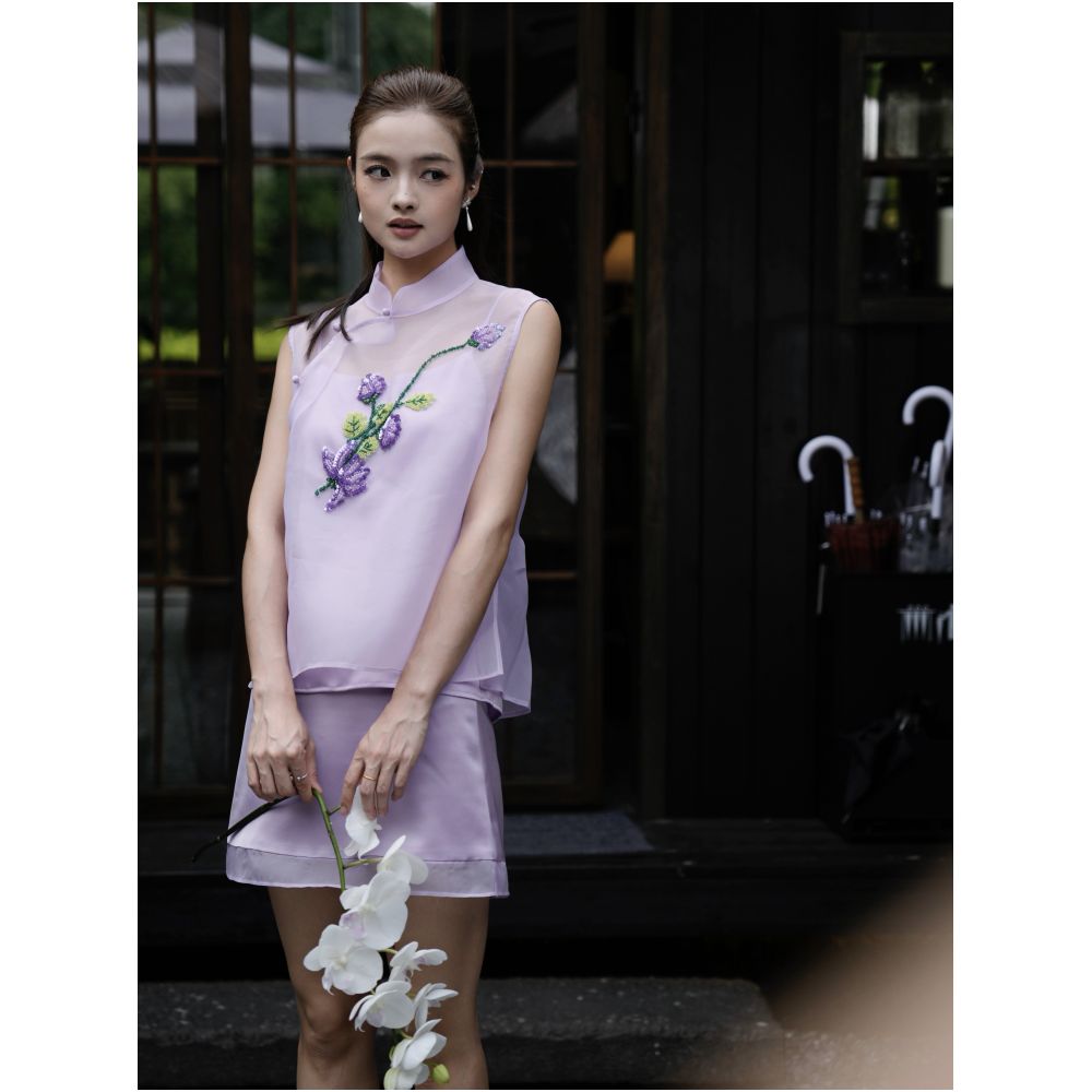 Purple organza new Chinese style heavy duty three dimensional embroidered vest top and skirt set Chinese style thin summer image 4