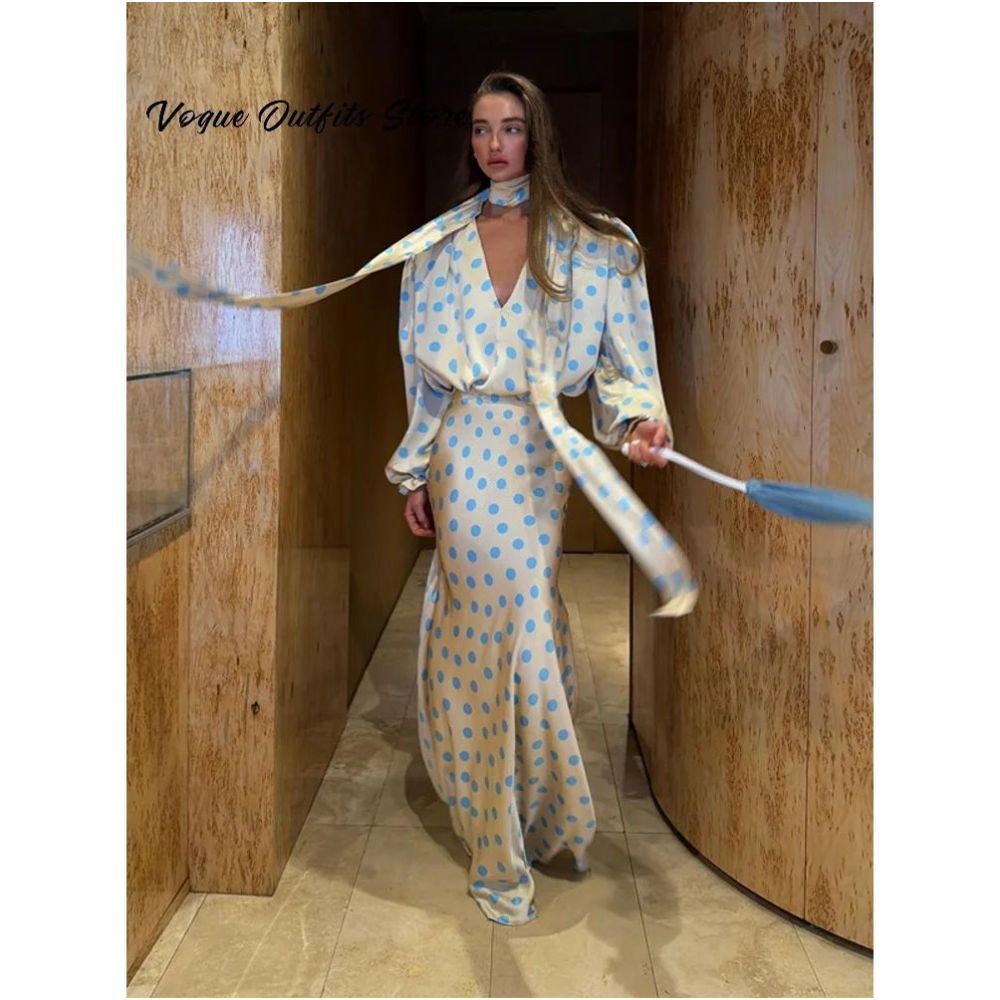 Elegant Satin Polka Dots Maxi Skirt Set Women Ribbon V neck image 0