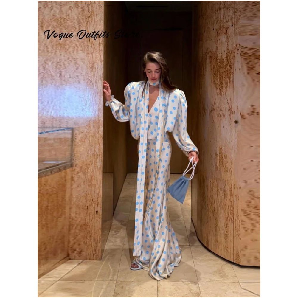 Elegant Satin Polka Dots Maxi Skirt Set Women Ribbon V neck image 1