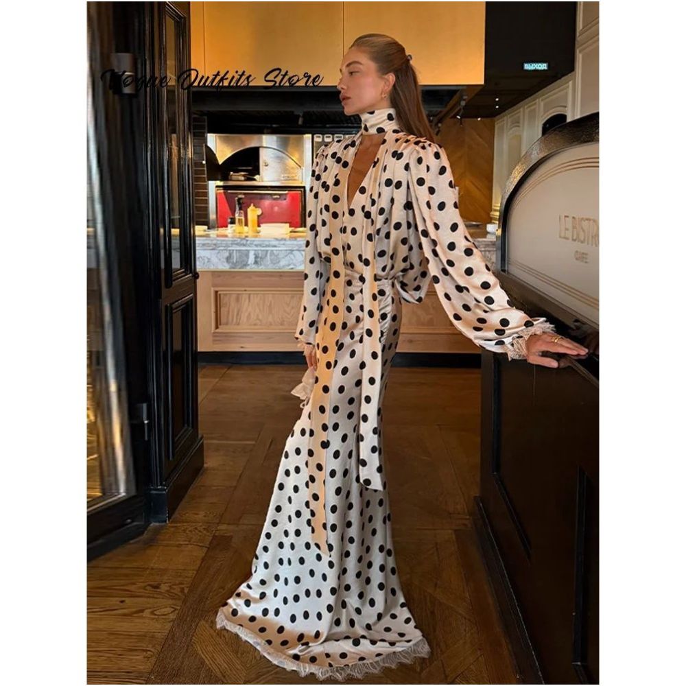 Elegant Satin Polka Dots Maxi Skirt Set Women Ribbon V neck image 3