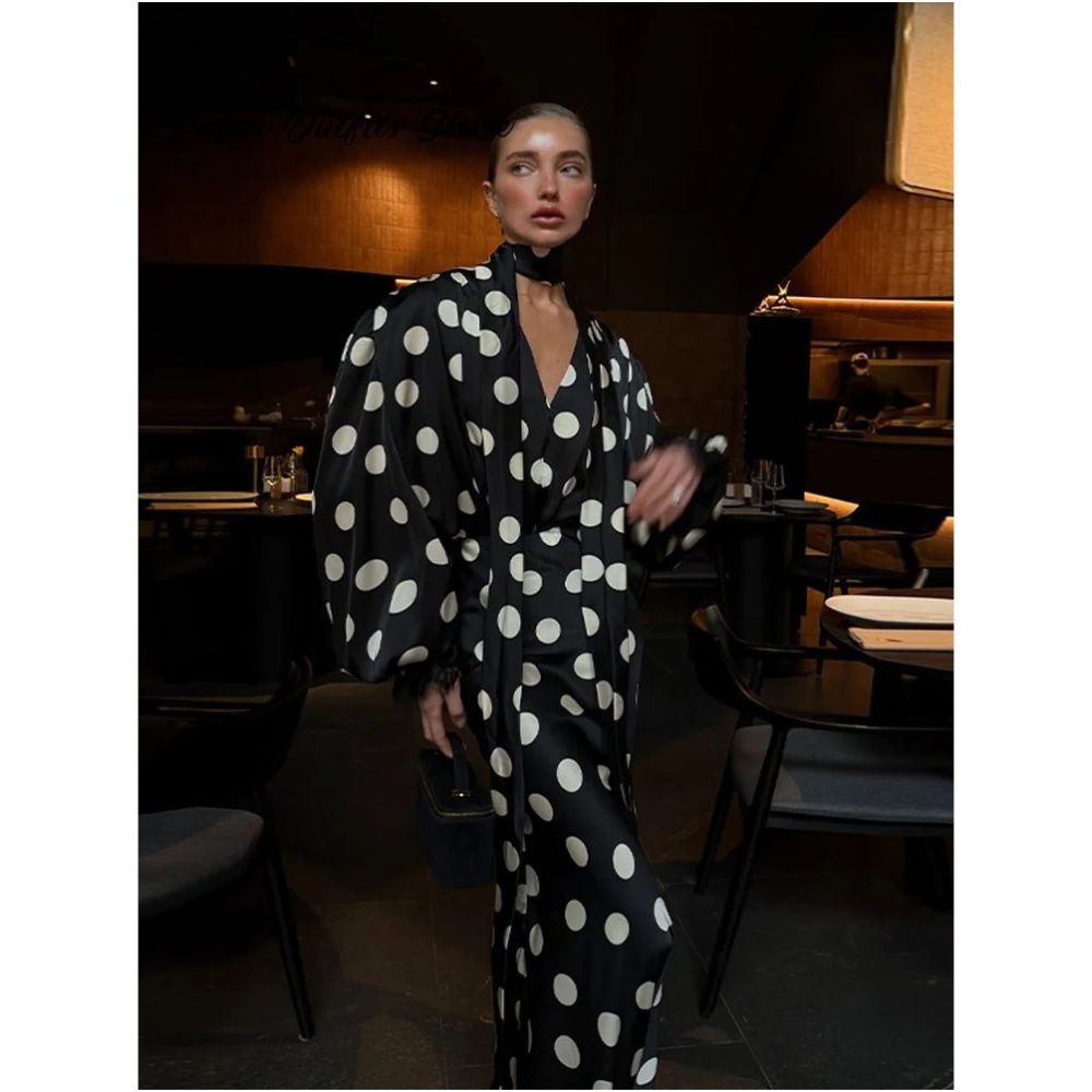 Elegant Satin Polka Dots Maxi Skirt Set Women Ribbon V neck image 4