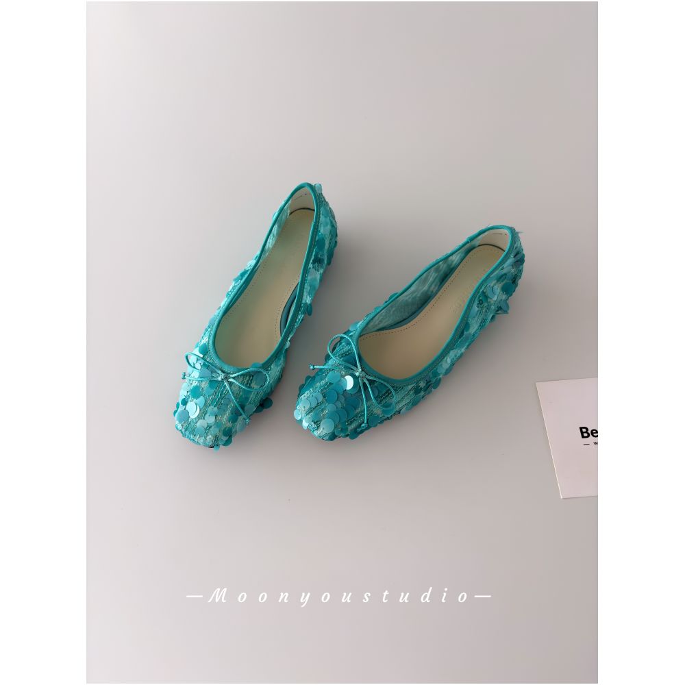 Moonyou handcrafted heavy sequin embroidered bow square toe ballet flats for women elegant and slimming image 2
