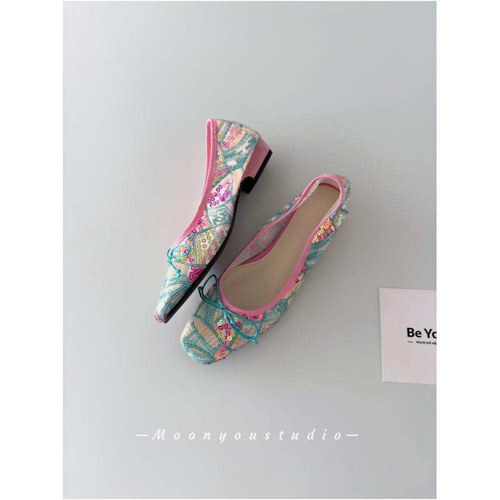 Moonyou handcrafted heavy sequin embroidered bow square toe ballet flats for women elegant and slimming image 4