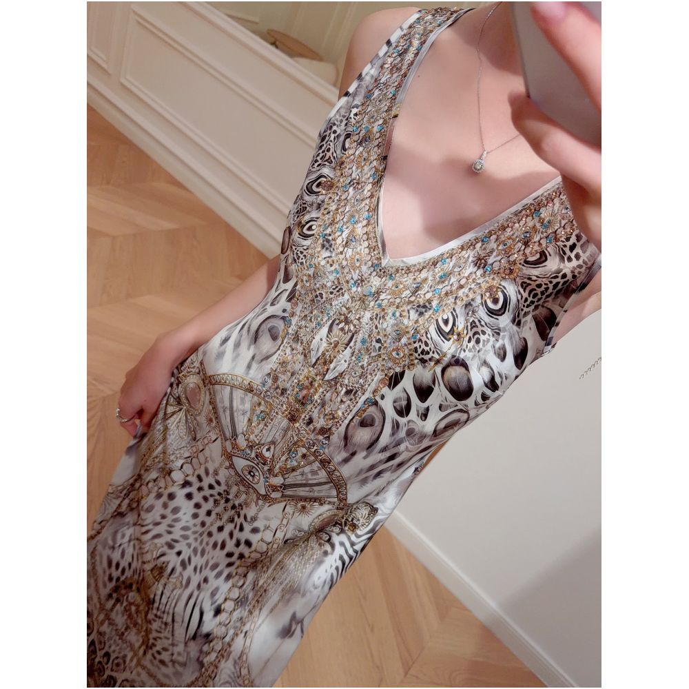 Mandu 100 Mulberry Silk Retro Print Light Luxury Rhinestone V Neck Sleeveless Thin Slim Fit Silk Dress image 2