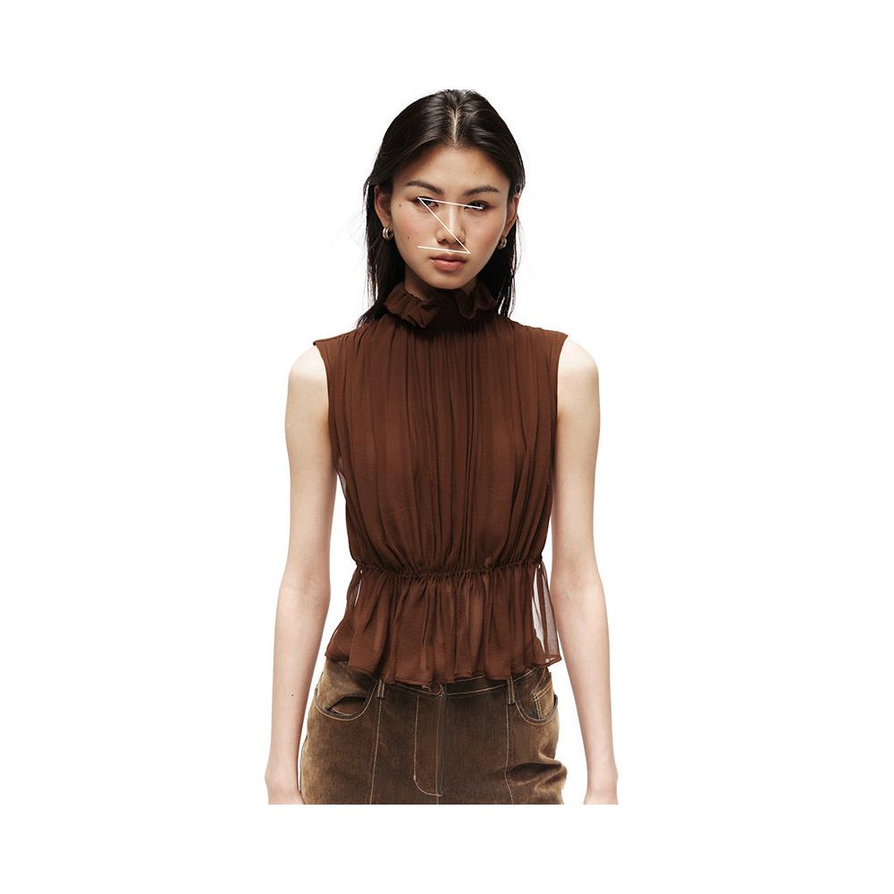 Erosi s designer lace trimmed high neck ruffled waist cinching sleeveless top is a retro style slimming vest for petite figures image 0