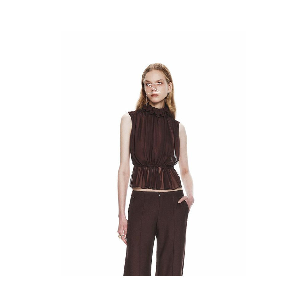 Erosi s designer lace trimmed high neck ruffled waist cinching sleeveless top is a retro style slimming vest for petite figures image 1