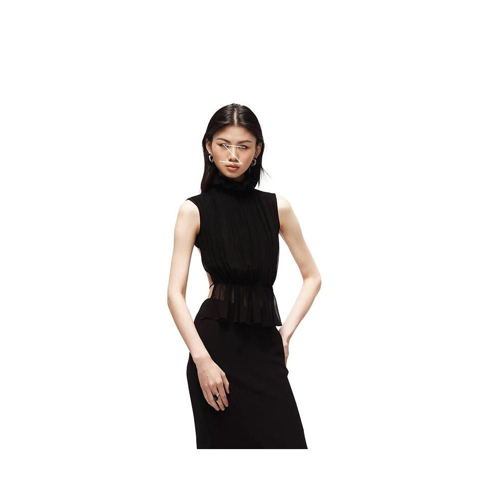 Erosi s designer lace trimmed high neck ruffled waist cinching sleeveless top is a retro style slimming vest for petite figures image 2