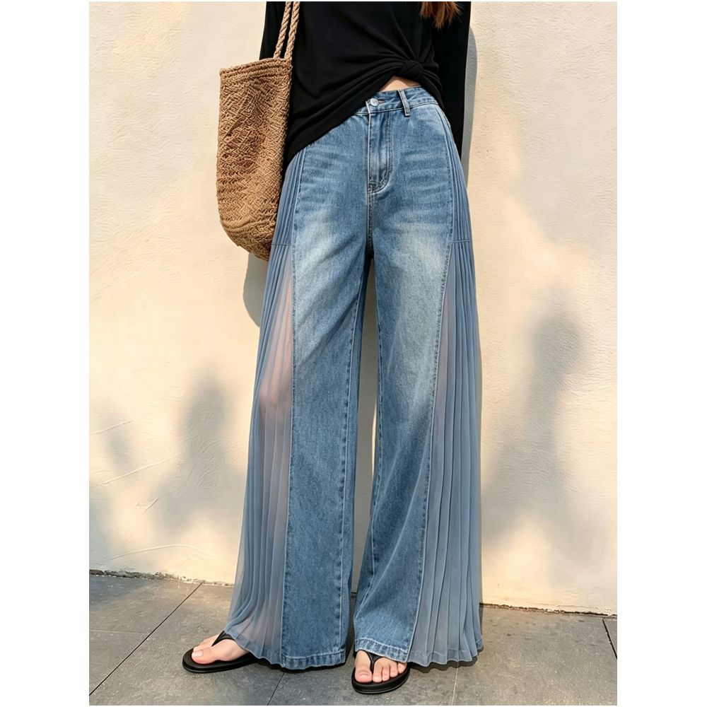 Blue sheer patchwork denim jeans for women new autumn 2026 style unique design lightweight breathable casual wide leg trousers image 0